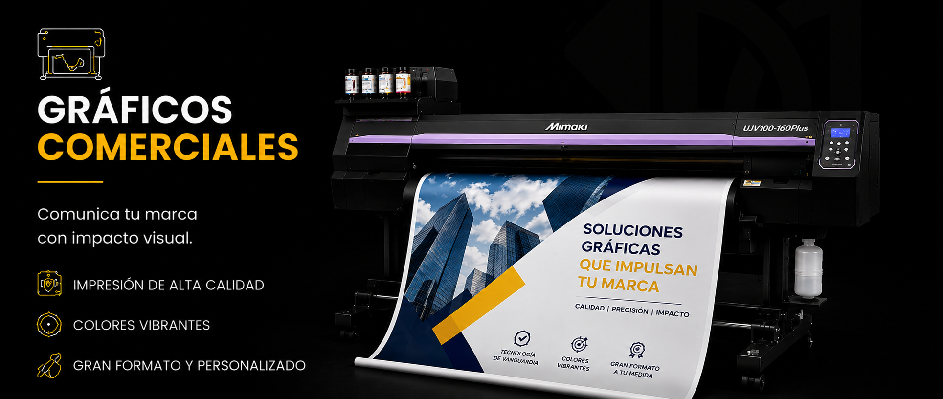 Impresión digital de gran formato para empresas. Fabricación de lonas, viniles, gráficos comerciales, etiquetas y material publicitario personalizado.