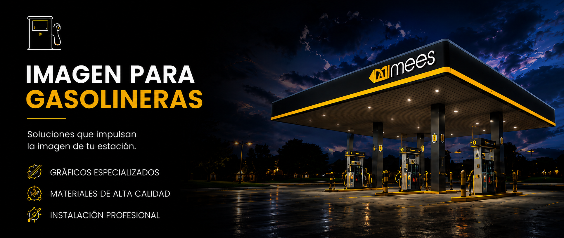 Imagen para gasolineras en México, fabricación e instalación de gráficos para estaciones de servicio, faldones, dispensarios, tótems y señalización especializada.