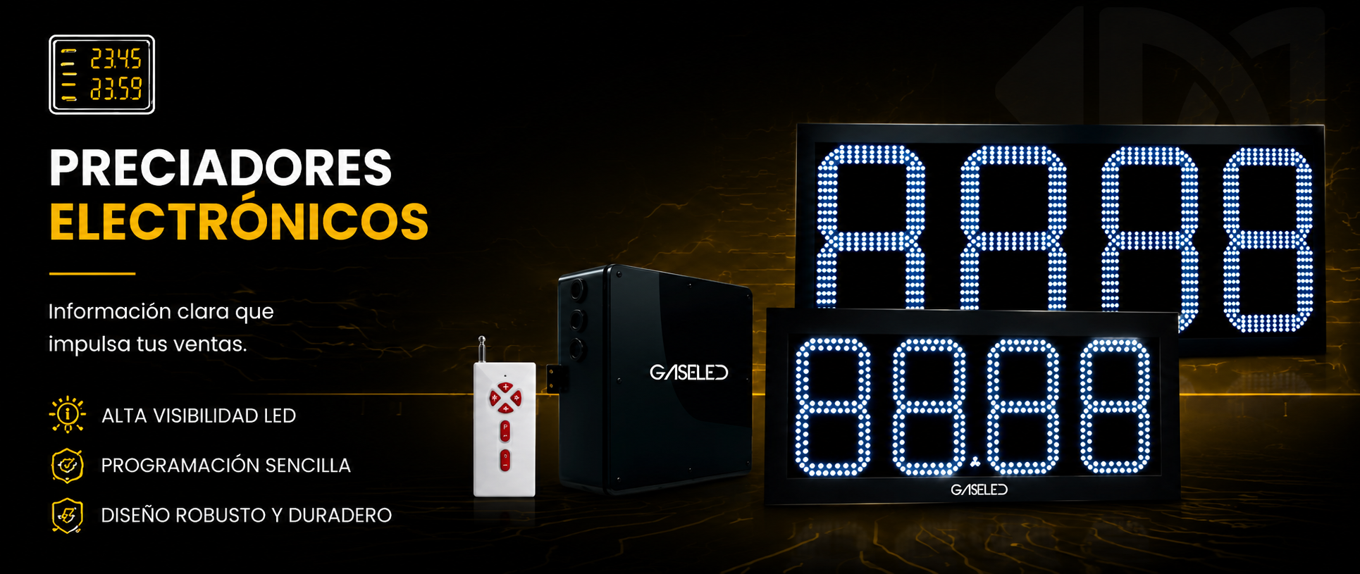 Preciadores electrónicos para gasolineras. Pantallas LED para exhibición de precios de combustible con alta visibilidad y control remoto marca GASELED.